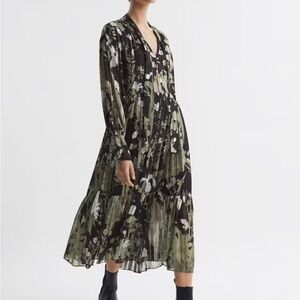 Reiss Lottie Floral Print Tie Neck  Black and Green Dress Size  6